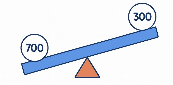 Seesaw illustration explaining how Polymarket price works by showing YES and NO liquidity pools at 700 and 300.