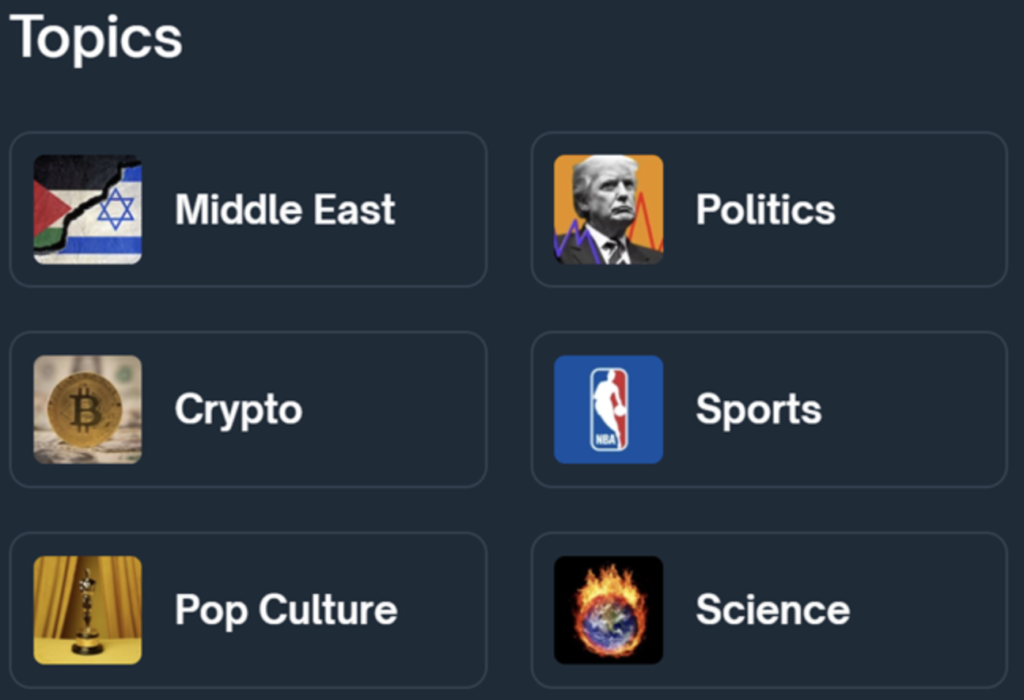 Polymarket features diverse prediction topics including politics, crypto, sports, science, pop culture, and global events.


